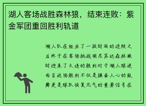 湖人客场战胜森林狼，结束连败：紫金军团重回胜利轨道