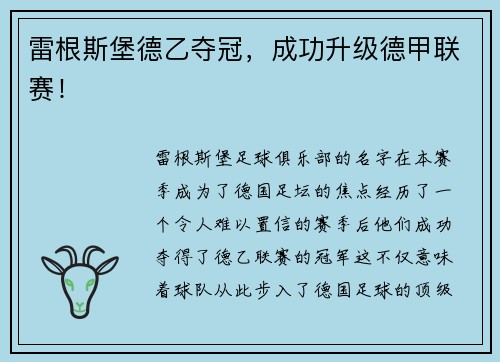 雷根斯堡德乙夺冠，成功升级德甲联赛！